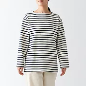 【MUJI 無印良品】女有機棉粗織船領長袖T恤 XL 深藍橫紋