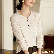 【MsMore】 愛心紐扣圓領米白色長袖通勤簡約肌理感短版上衣# 120636 XL 米白色