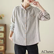 【ACheter】 復古棉麻感長袖襯衫條紋原創文藝短版上衣# 120645 M 白色