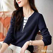 【MsMore】 領口拼接領口條紋時尚休閒長袖短版上衣# 120687 M 藏青色