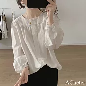 【ACheter】 泡泡袖襯衫寬鬆大碼圓領設計感九分袖棉質短版上衣# 120703 M 白色