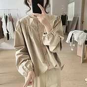 【ACheter】 泡泡袖襯衫寬鬆大碼圓領設計感九分袖棉質短版上衣# 120703 M 卡其色