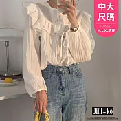 【Jilli~ko】圓領荷葉邊拼接繫帶寬鬆泡泡袖襯衫中大尺碼 J11665 FREE 白色