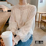 【Jilli~ko】韓版氣質寬鬆網紗蕾絲燈籠袖上衣 J11622  FREE 白色