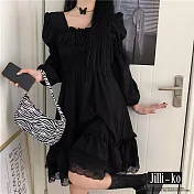 【Jilli~ko】羅莉塔日常百搭黑色蕾絲木耳方領連衣裙 J11629  FREE 黑色