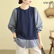 【AMIEE】假兩件設計感拼接針織襯衫(2色/M-2XL/KDCY-9381) XL 深藍
