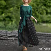 【ACheter】 民族風連身裙新款文藝復古長袖撞色條紋氣質長版洋裝# 120799 M 綠色