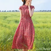 【ACheter】 紅色蘆麻感連身裙旗袍領收腰顯瘦氣質碎花短袖長版洋裝# 116549 XL 紅色