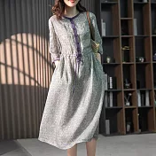 【ACheter】 韓版寬鬆長款五分袖印花刺繡收腰顯瘦碎花連身裙洋裝# 120776 M 紫色