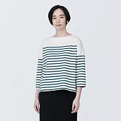 【MUJI 無印良品】女有機棉橫紋船領七分袖T恤 M 綠橫紋