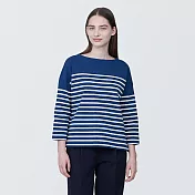 【MUJI 無印良品】女有機棉橫紋船領七分袖T恤 XL 藍紋樣