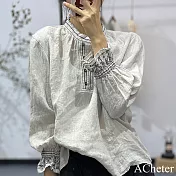 【ACheter】 文藝復古繡花立領寬鬆休閒長袖亞麻感短版上衣# 120835 XL 米白色