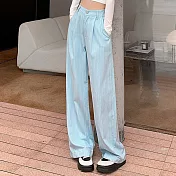 【MsMore】 高腰巴胺豎條紋直筒寬鬆闊腿工裝牛仔運動休閒長褲# 120860 M 藍色