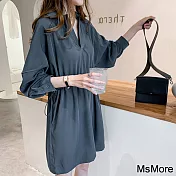 【MsMore】 新款大碼長袖氣質收腰連身裙減齡V領短版洋裝# 120871 L 寶藍色