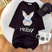 【初色】純色燙鑽兔子印花寬鬆休閒百搭圓領五分袖T恤上衣-共2色-32846(M-2XL可選) 2XL 黑色