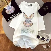 【初色】純色燙鑽兔子印花寬鬆休閒百搭圓領五分袖T恤上衣-共2色-32846(M-2XL可選) 2XL 白色