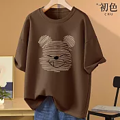 【初色】美式小熊印花圓領T恤短袖上衣-共8色-32868(M-2XL可選) 2XL 咖啡色