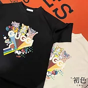 【初色】彩虹萌貓印花短袖T恤上衣-共2色-32865(M-2XL可選) 2XL 黑色