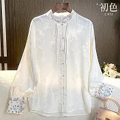 【初色】中式復古盤扣花卉刺繡立領長袖唐裝襯衫上衣女上衣-白色-32770(M-XL可選) M 白色