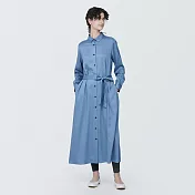 【MUJI 無印良品】女嫘縈混聚酯纖維長袖洋裝 L 煙燻藍