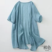 【初色】輕薄短袖棉麻風防曬開衫外套-共4色-32891(M-2XL可選) M 天藍色