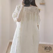 【初色】日系圓領蕾絲花邊刺繡短袖連身洋裝-米白色-32884(M-2XL可選) M 米白色