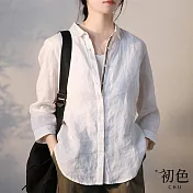 【初色】棉麻風彩色織帶純色翻領八分長袖襯衫上衣-共2色-32887(M-2XL可選) XL 白色