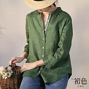 【初色】棉麻風彩色織帶純色翻領八分長袖襯衫上衣-共2色-32887(M-2XL可選) M 綠色