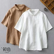 【初色】棉麻風純色翻領短袖襯衫上衣-共2色-32889(M-2XL可選) XL 白色