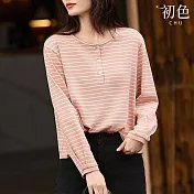 【初色】簡約圓領撞色條紋寬鬆長袖T恤上衣女上衣-共2色-32777(M-2XL可選) M 粉紅色