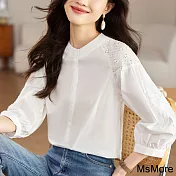 【MsMore】 白色刺繡襯衫拼接七分袖寬鬆短版上衣# 120850 L 白色
