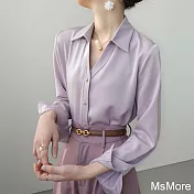 【MsMore】 長袖春日襯衫法式絲質短版上衣# 120856 L 紫色