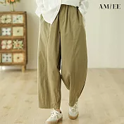 【AMIEE】日系寬鬆純色闊腿褲長褲(KDPY-9039) L 橄欖綠