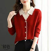 【初色】拼色假兩件短款打底針織衫長袖毛衣上衣女上衣-共3色-32550(F可選) F 紅色