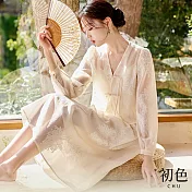 【初色】中華風提花無袖吊帶連衣裙連身洋裝長洋裝+短版外套套裝-米色-32970(M-2XL可選) 2XL 米色