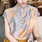 【初色】復古中國風山茶花印花短袖寬鬆襯衫上衣-香檳色-32931(M-2XL可選) L 香檳色