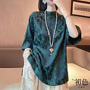 【初色】復古中國風碎花印花寬鬆顯瘦蝙蝠袖上衣-墨綠色-32932(M-2XL可選) L 墨綠色