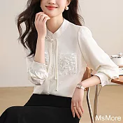 【MsMore】 中式國風襯衫長袖半高領盤扣馬面裙短版上衣# 121000 L 白色