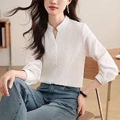 【MsMore】 棉布緹花V領襯衫新款休閒簡約質感薄款長袖短版# 121004 L 白色
