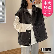 【Jilli~ko】韓版寬鬆牛仔開扣坎肩馬甲背心女中大尺碼 J11676  FREE 黑色