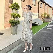 【Jilli~ko】法式復古碎花雪紡縮腰V領短袖連衣裙 J11677 FREE 白色