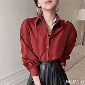 【MsMore】 法式高級設計感酒紅色長袖氣質時尚職業通勤襯衫短版上衣# 121053 M 酒紅色