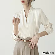 【MsMore】 長袖V領白色缎面襯衫小香收腰漂亮短版上衣# 121071 XL 杏色