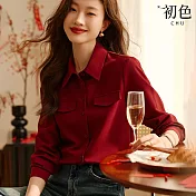 【初色】純色翻領單排扣寬鬆長袖襯衫上衣女上衣-深紅色-32687(M-2XL可選) L 深紅色