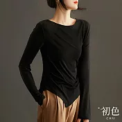 【初色】一字領不規則下擺側邊抓皺長袖T恤上衣女上衣-共3色-32655(M-XL可選) L 黑色