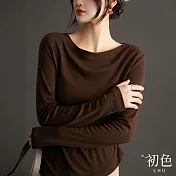 【初色】一字領不規則下擺側邊抓皺長袖T恤上衣女上衣-共3色-32655(M-XL可選) XL 深棕色