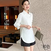 【初色】簡約立領不對稱下擺打底衫內搭長袖襯衫上衣女上衣-白色-32663(M-XL可選) XL 白色