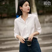 【初色】純色氣質簡約娃娃領小翻領長袖襯衫上衣女上衣-共5色-32671(M-XL可選) L 米白色