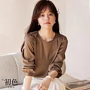【初色】純色圓領細褶長袖T恤上衣女上衣-咖色-32702(M-2XL可選) L 咖色