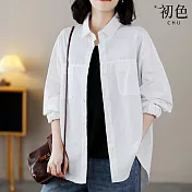 【初色】純色翻領長袖單排扣襯衫外套女外套-共3色-32632(L-2XL可選) L 白色